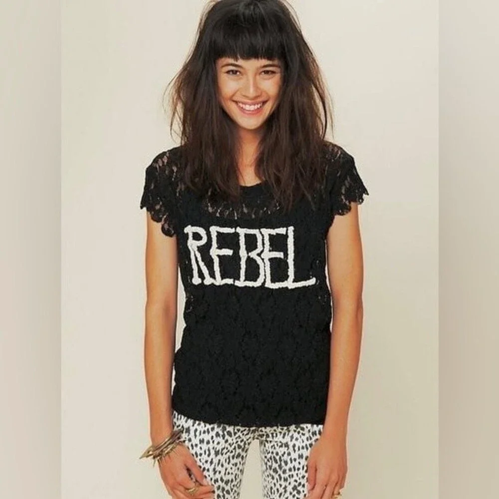 Free People Rebel in Lace Tee in Black Short Sleeve Top XS